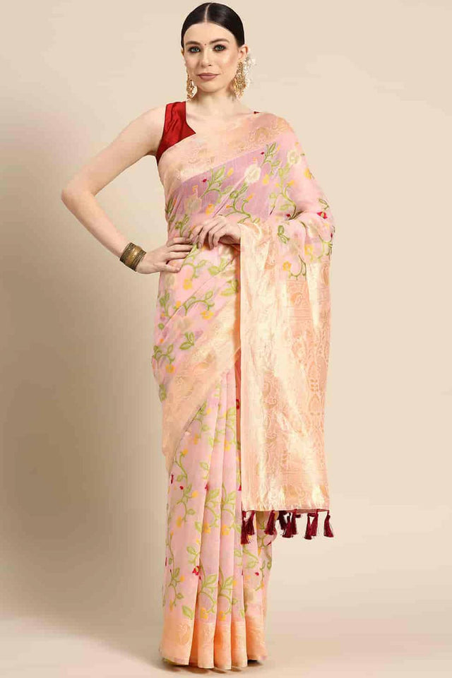 Pink Cotton Woven Design Saree