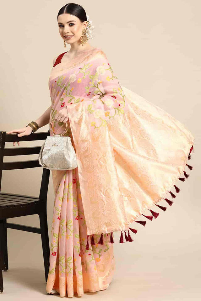 Pink Cotton Woven Design Saree