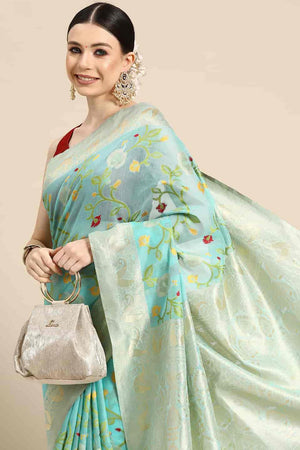 Turquoise Cotton Woven Design Saree