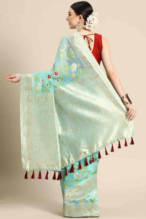 Turquoise Cotton Woven Design Saree
