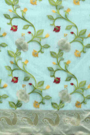 Turquoise Cotton Woven Design Saree