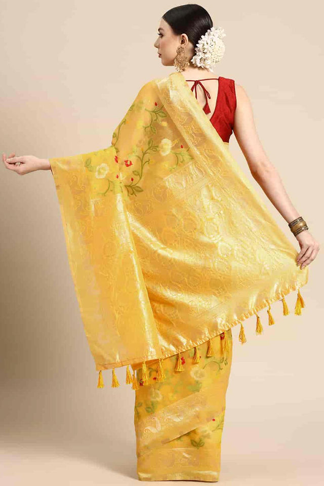 Yellow Cotton Woven Design Saree