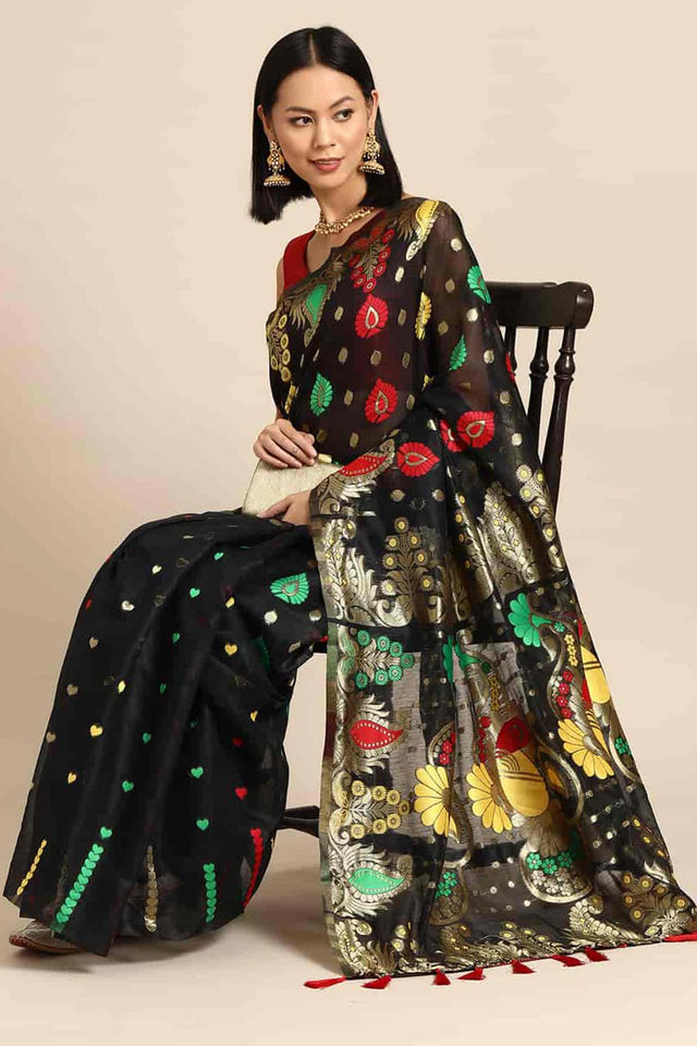 Black Cotton Woven Design Saree