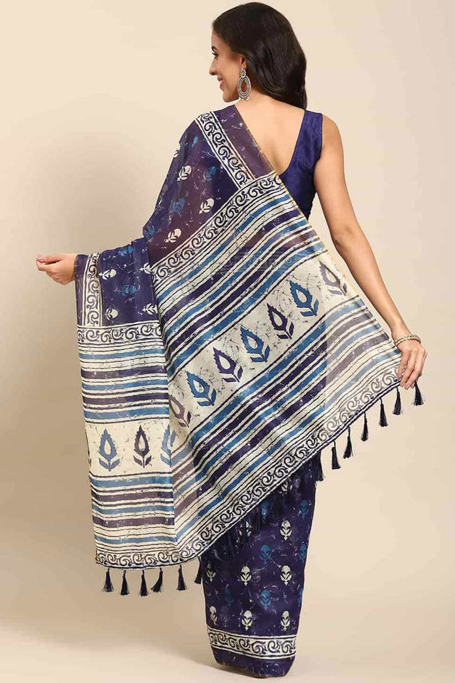 Buy Blue Cotton Block Printed Handloom Saree Saree Online