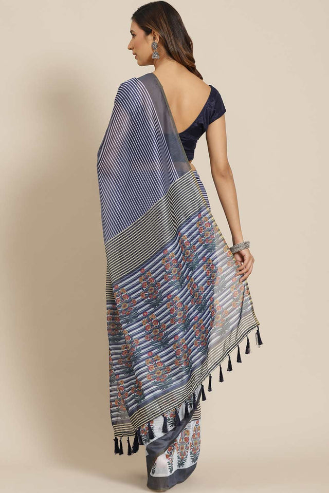 Buy Blue Cotton Block Printed Handloom Saree Saree Online