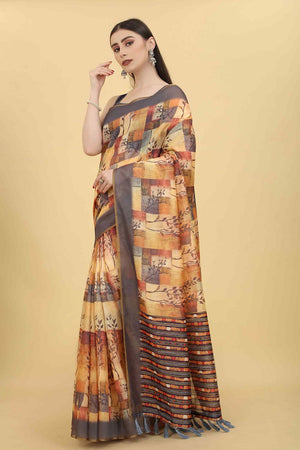 Yellow Block Print Pure Cotton Saree