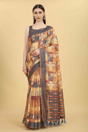 Yellow Block Print Pure Cotton Saree