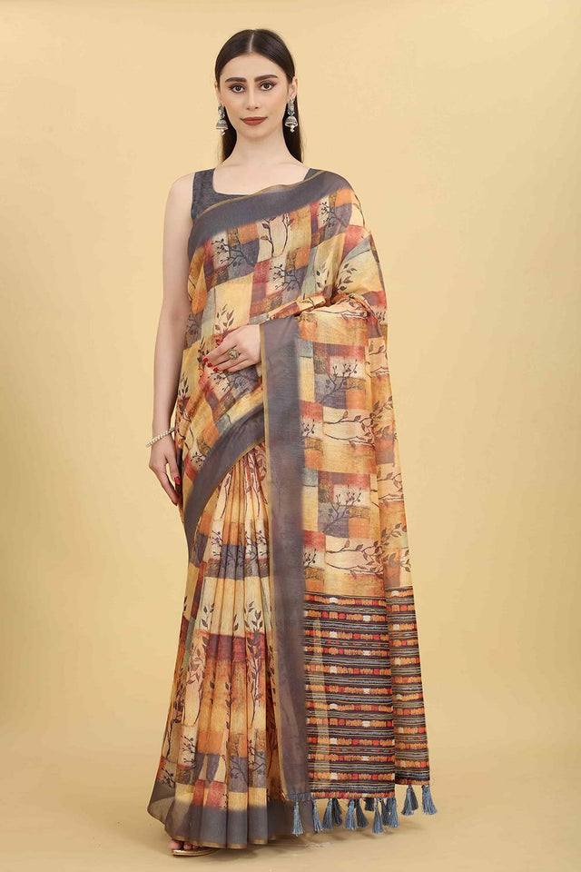 Yellow Block Print Pure Cotton Saree