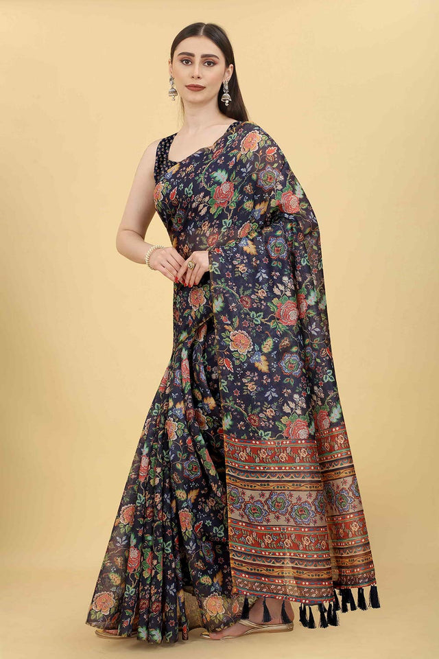 Navy Blue Block Print Pure Cotton Saree