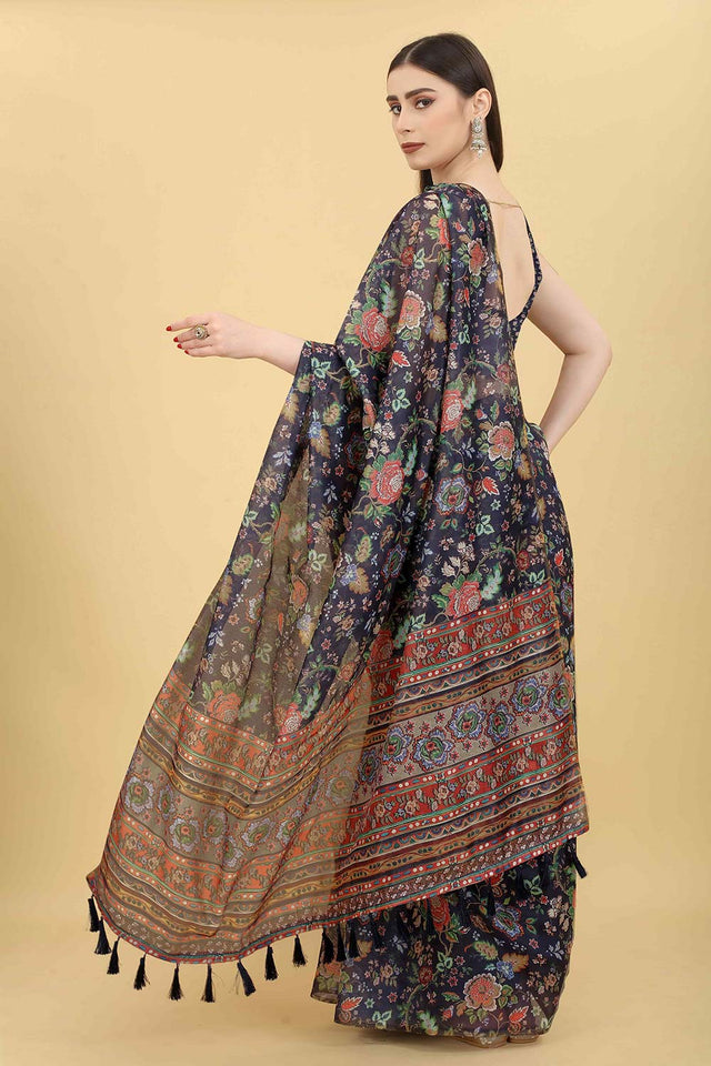 Navy Blue Block Print Pure Cotton Saree