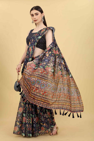 Navy Blue Block Print Pure Cotton Saree