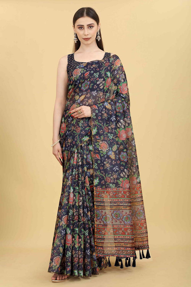 Navy Blue Block Print Pure Cotton Saree