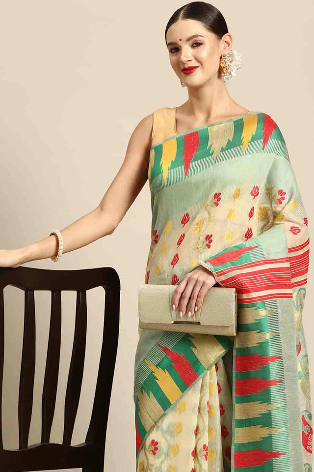 Green Cotton Woven Saree