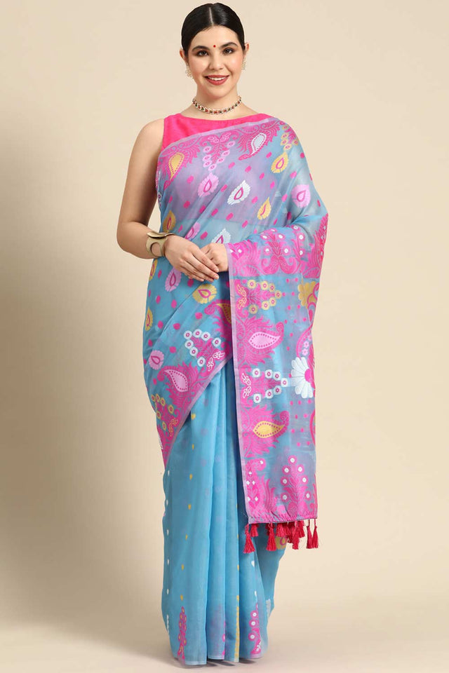 Blue Cotton Woven Saree