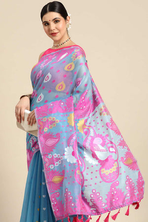 Blue Cotton Woven Saree