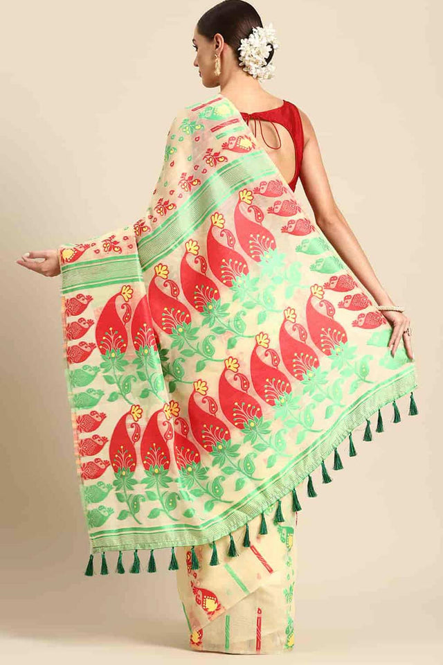 Beige Cotton Woven Saree