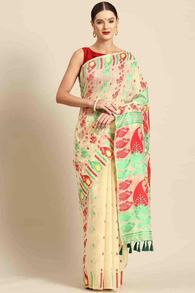 Beige Cotton Woven Saree