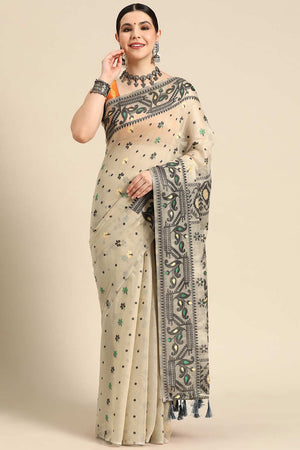 Beige Cotton Woven Saree
