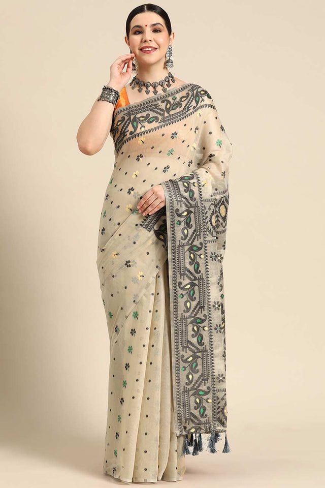 Beige Cotton Woven Saree