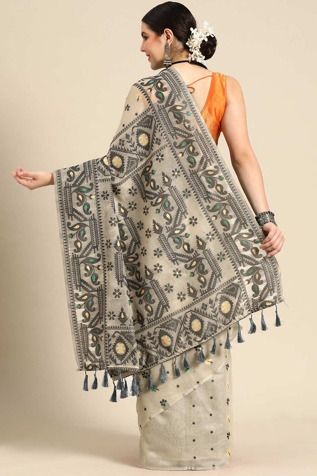 Beige Cotton Woven Saree