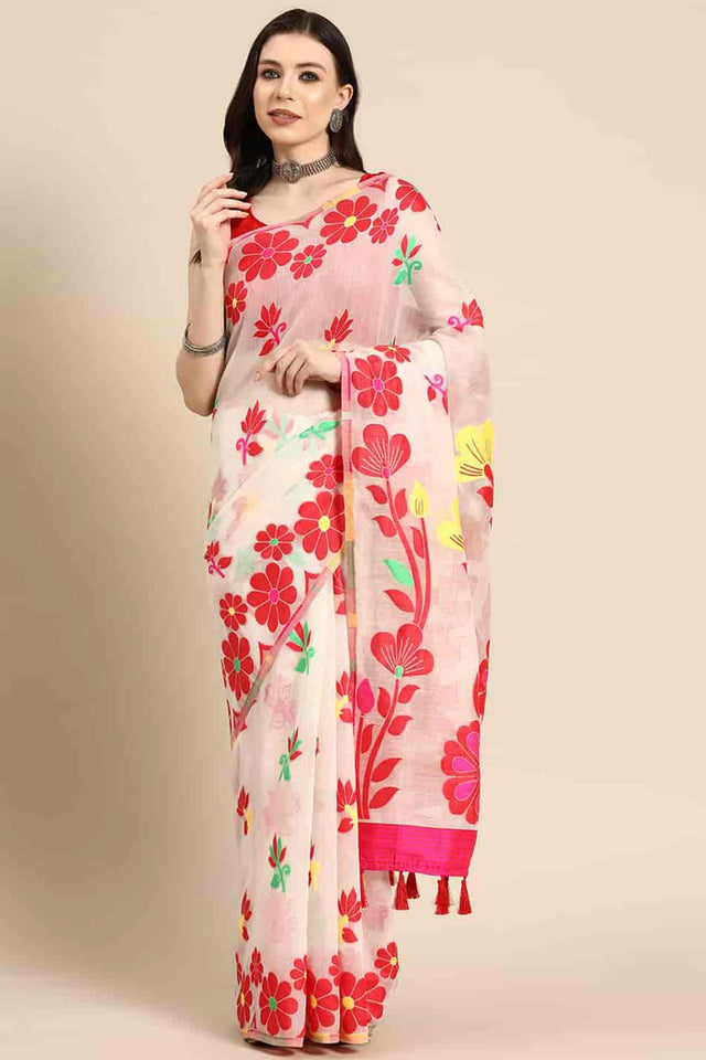 Off White Cotton Woven Design Saree