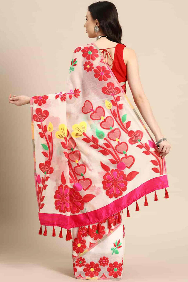 Off White Cotton Woven Design Saree