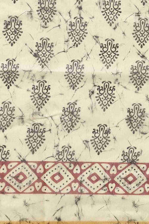 Cream Block Print Cotton Blend Saree