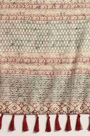 Cream Block Print Cotton Blend Saree