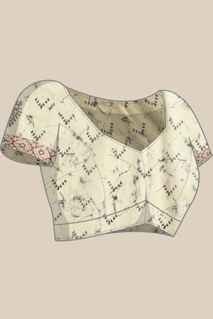 Cream Block Print Cotton Blend Saree