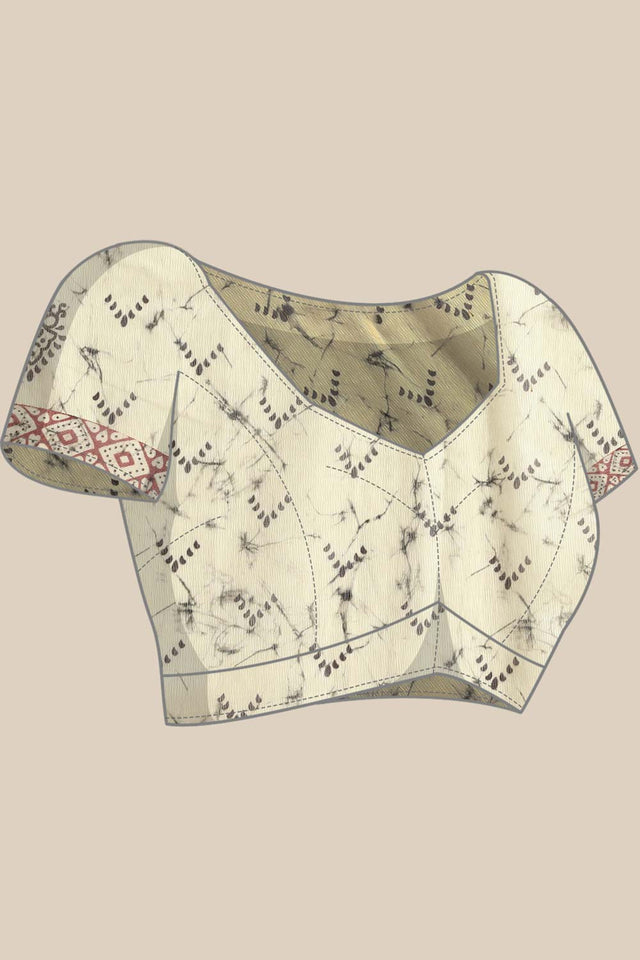 Cream Block Print Cotton Blend Saree