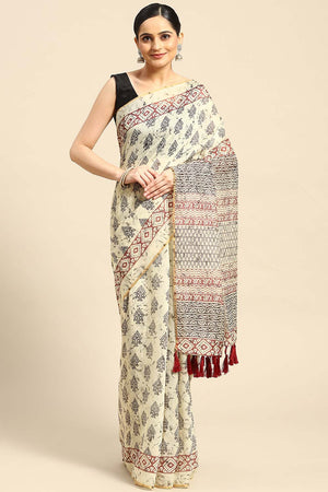 Cream Block Print Cotton Blend Saree