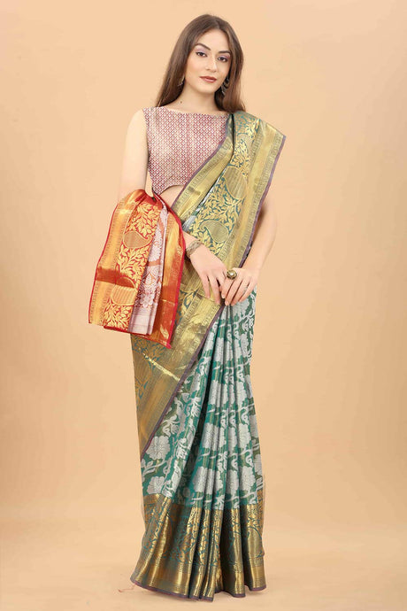 Buy Teal Zari Tissue Floral Printed Handloom Saree Saree Online