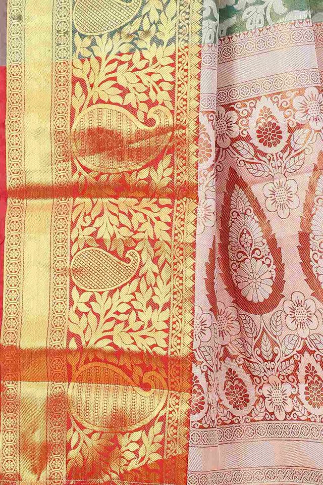 Buy Teal Zari Tissue Floral Printed Handloom Saree Saree Online