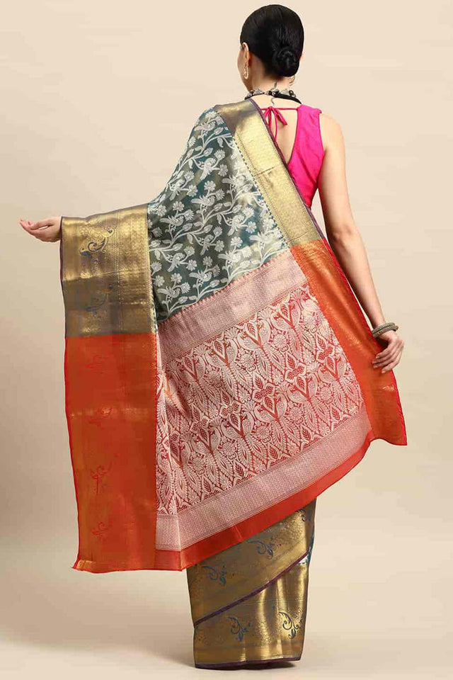 Teal Woven Brocade Saree