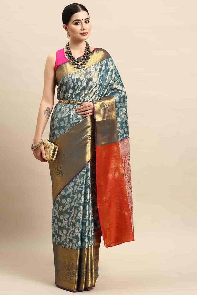 Teal Woven Brocade Saree