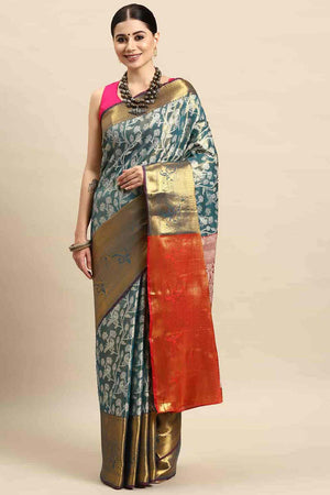 Teal Woven Brocade Saree