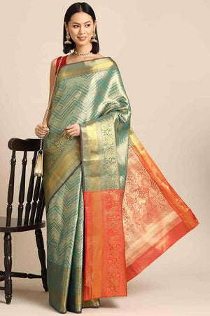Turquoise Brocade Woven Design Saree