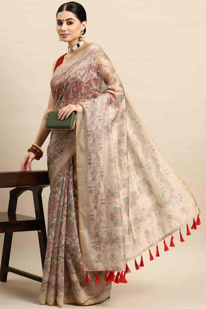 Beige Printed Cotton Blend Saree