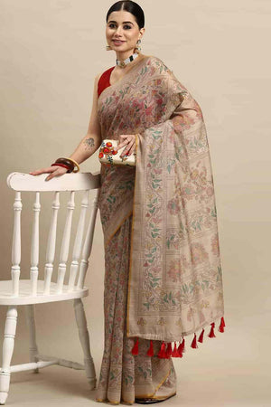 Beige Printed Cotton Blend Saree