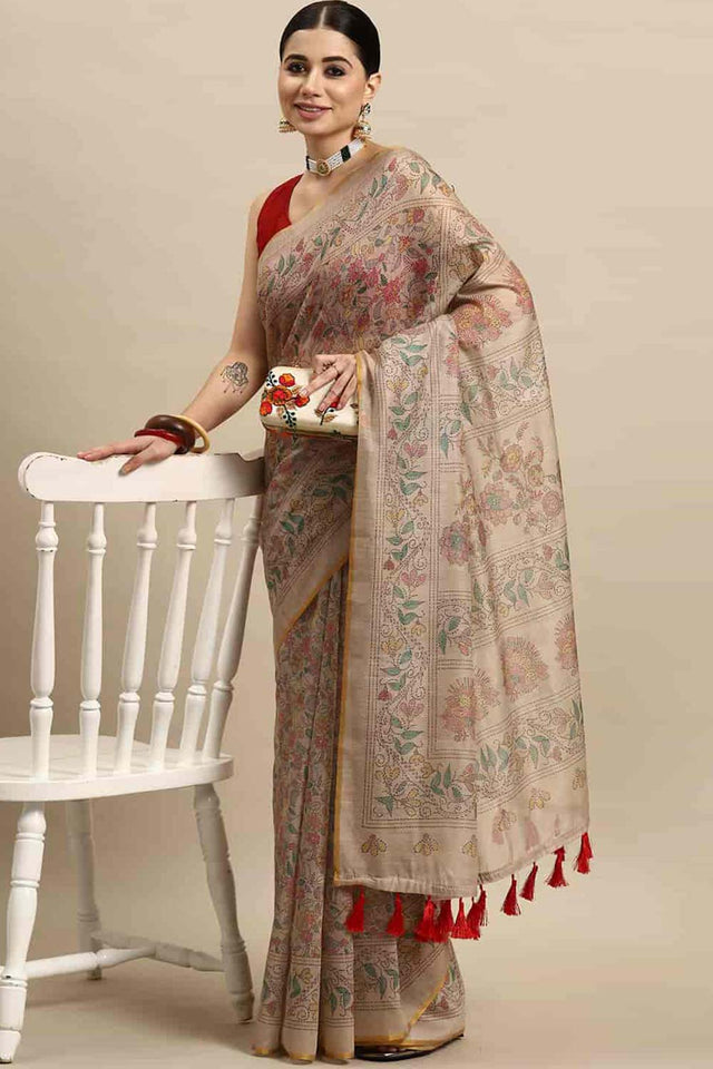 Beige Printed Cotton Blend Saree