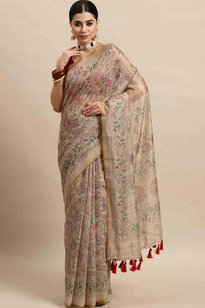 Beige Printed Cotton Blend Saree