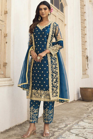 Teal Blue Net Resham Embroidery Pant Suit Set