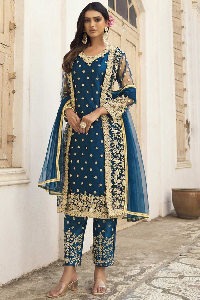 Teal Blue Net Resham Embroidery Pant Suit Set