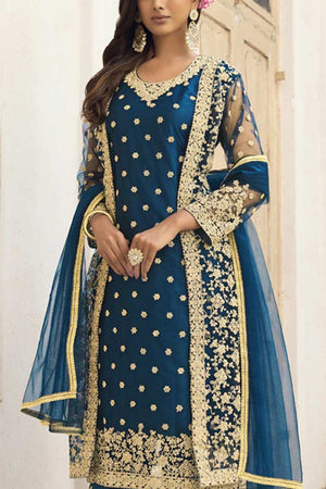 Buy teal-blue net resham embroidery Pant Suit Set Online - Back