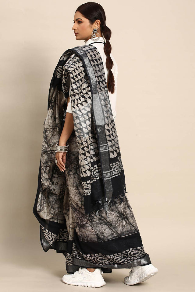 Black Cotton Block Saree
