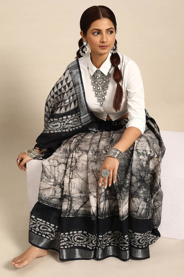 Black Cotton Block Saree