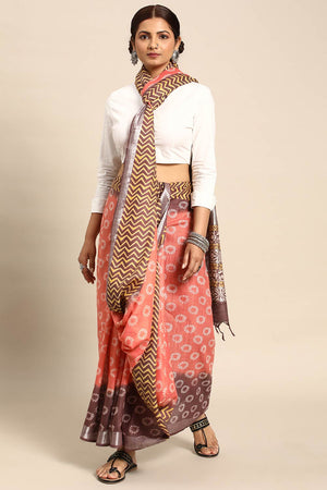 Peach Cotton Indian Saree
