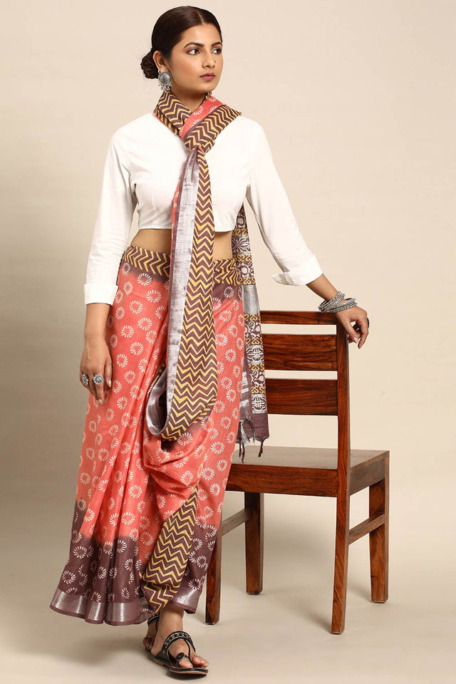 Peach Cotton Indian Saree