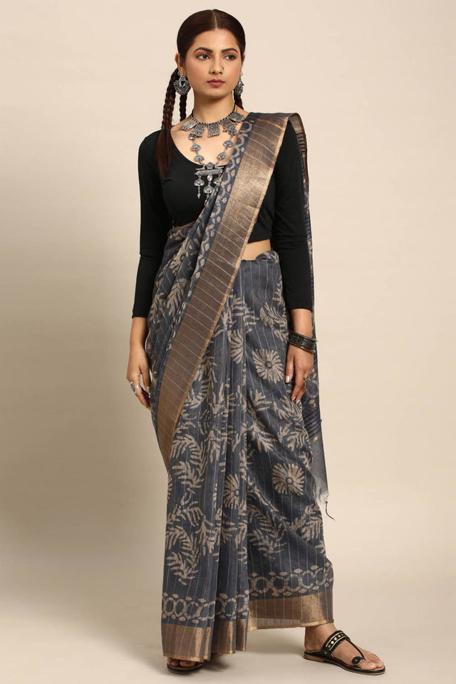 Grey Art Silk Floral Saree