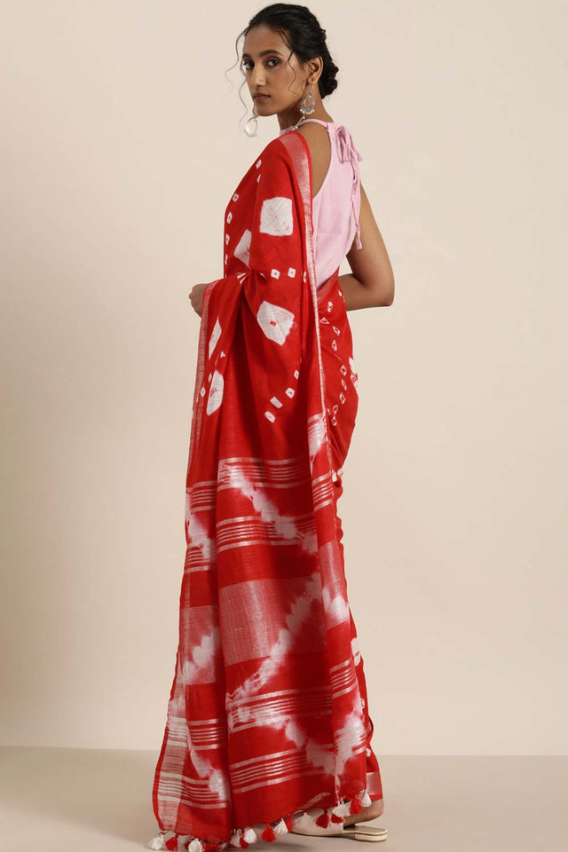 Cotton Blend Bandhani Saree In Red